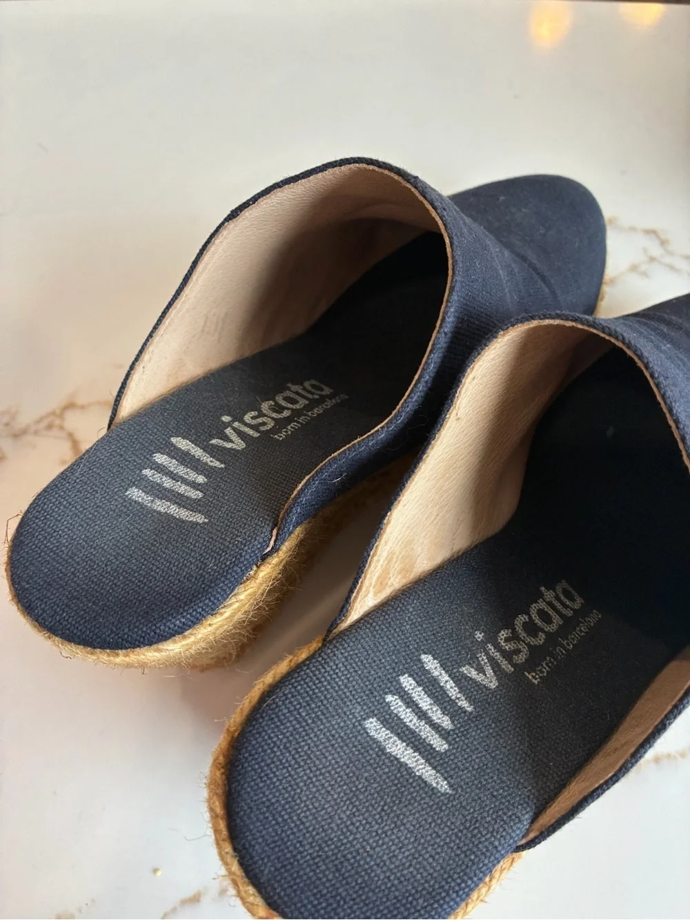 Navy Canvas Espadrille Wedge Mules - Women